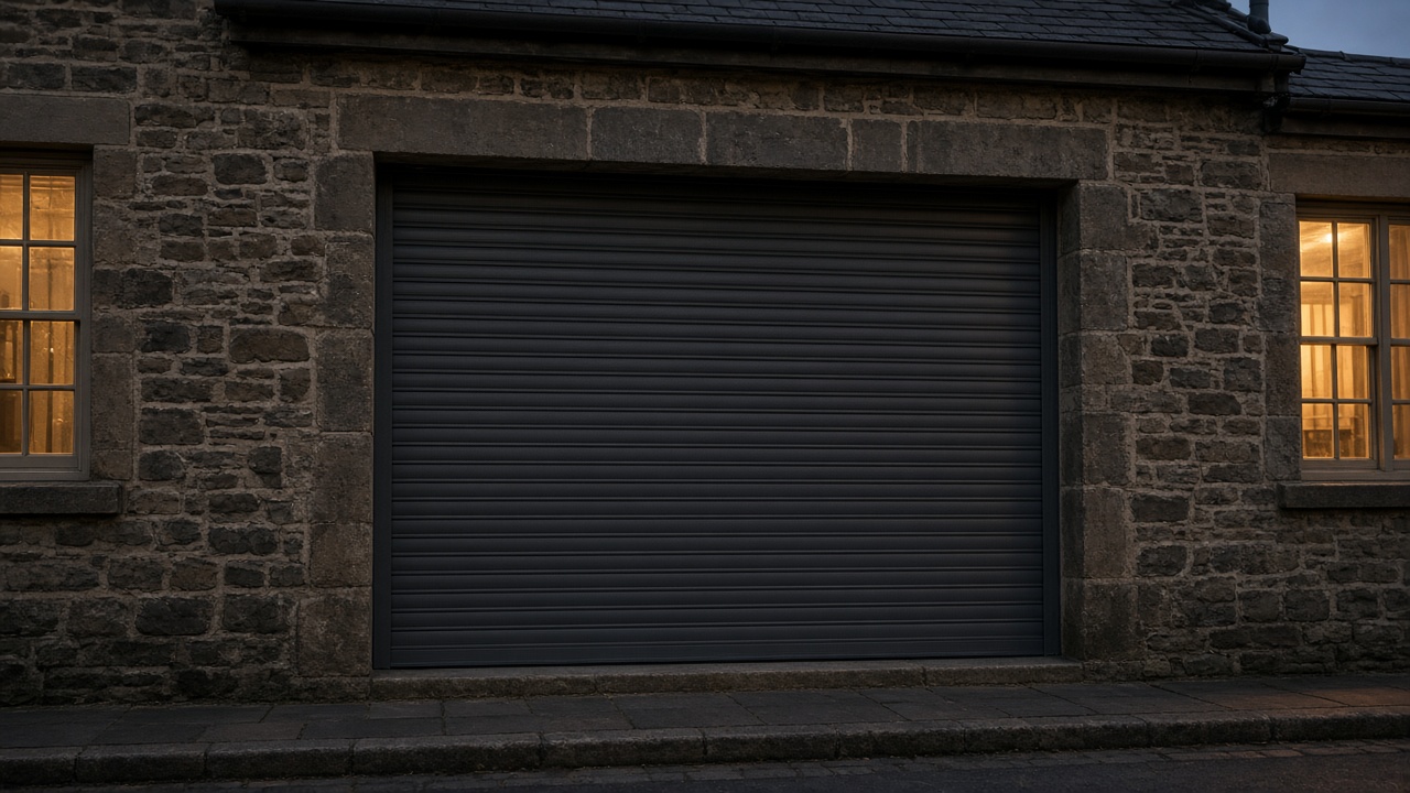 An anthracite roller shutter fully lowered on a stone farmhouse, dusk, with warm lights on inside. Framed on one opening.