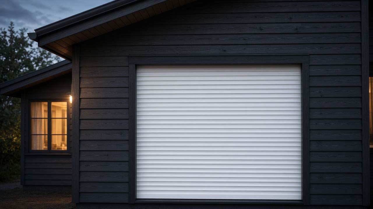 A white roller shutter fully lowered on a dark timber-clad house, dusk, with warm lights on inside. Framed on one opening.