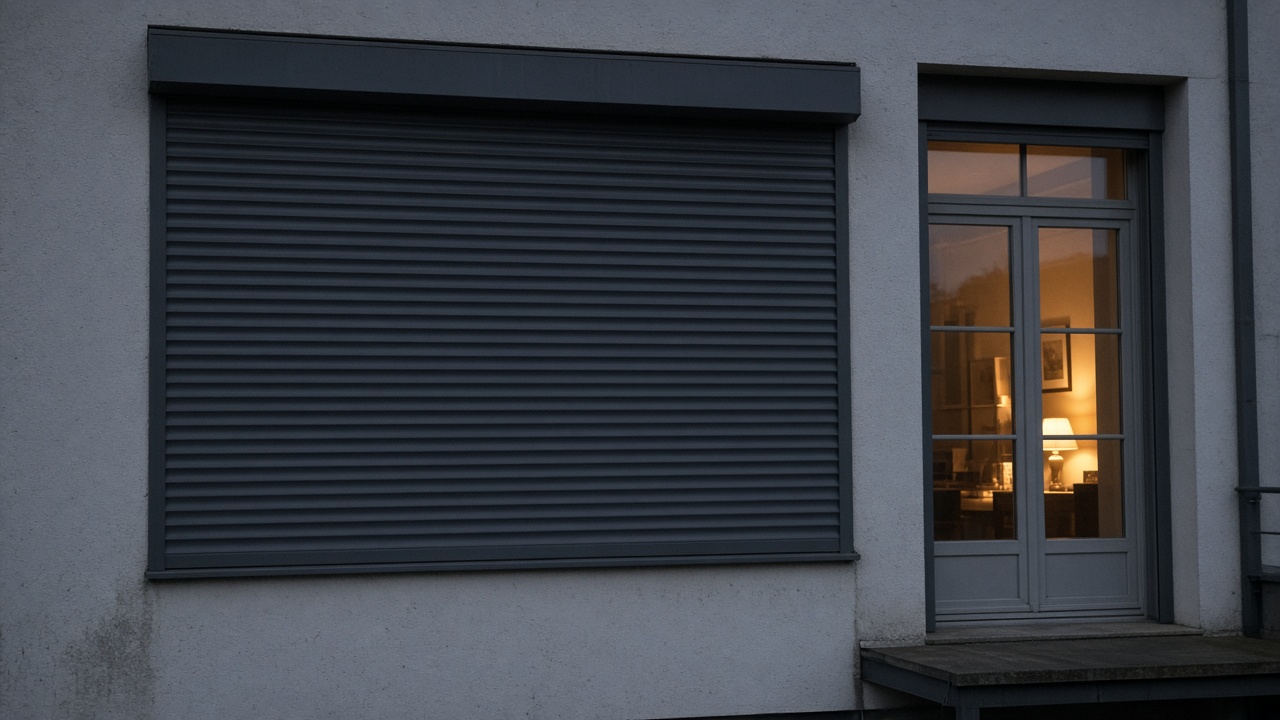 An anthracite roller shutter fully lowered on a flat with a glazed balcony door, dusk, with warm lights on inside. Framed on one opening.