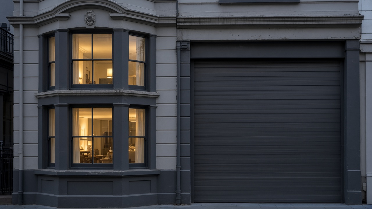 An anthracite roller shutter fully lowered on a painted townhouse with a bay, dusk, with warm lights on inside. Framed on one opening.