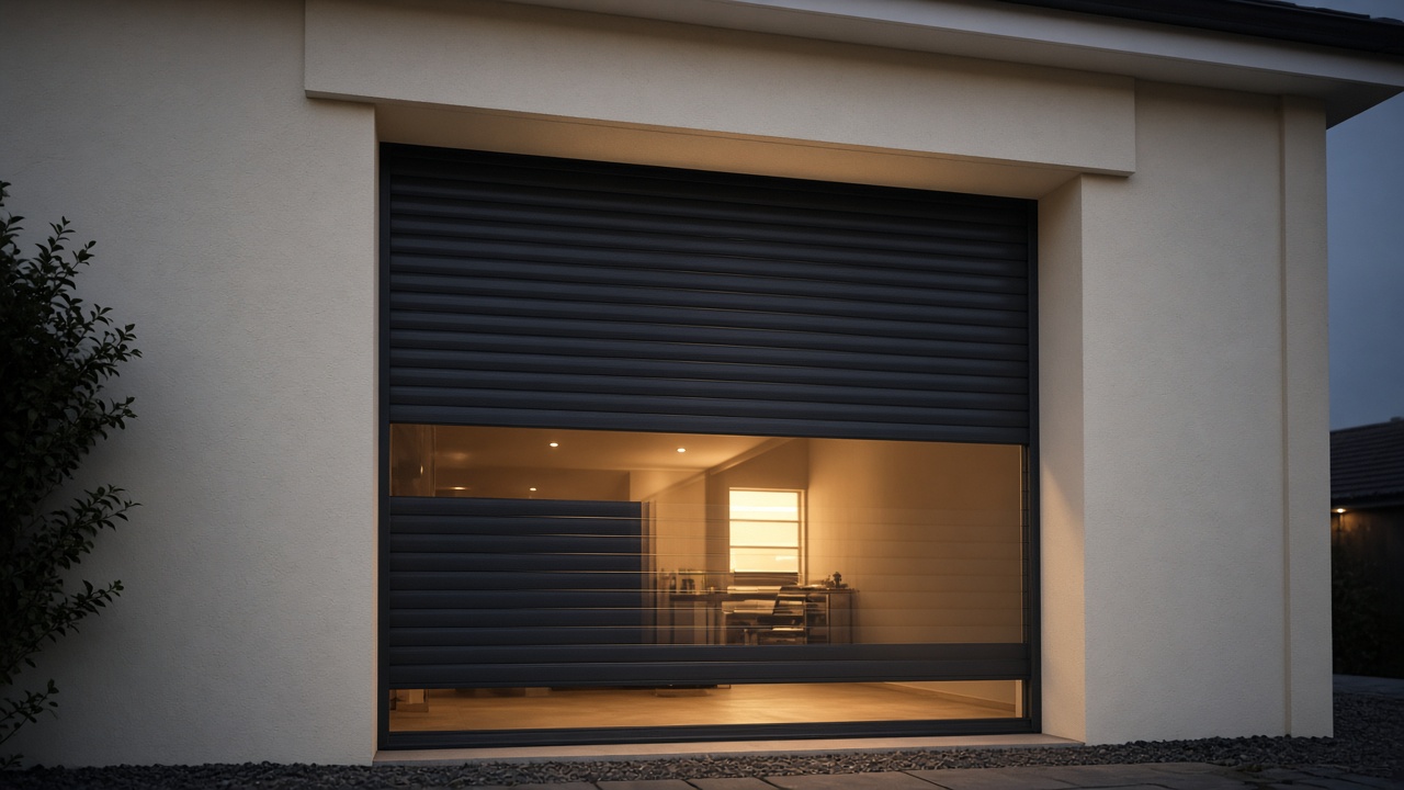 An anthracite roller shutter stopped halfway on a cream bungalow, dusk, with warm lights on inside. Framed on one opening.