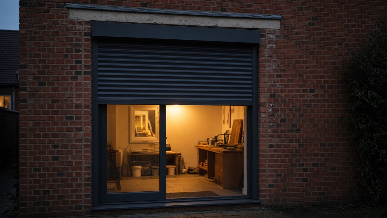 An anthracite roller shutter stopped halfway on a red-brick rear extension, dusk, with warm lights on inside. Framed on one opening.