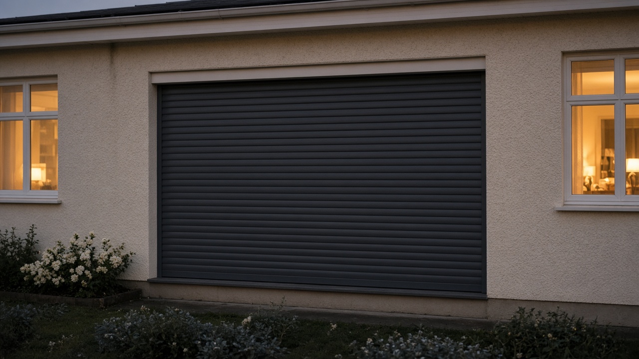 An anthracite roller shutter fully lowered on a cream bungalow, dusk, with warm lights on inside. Framed on one opening.