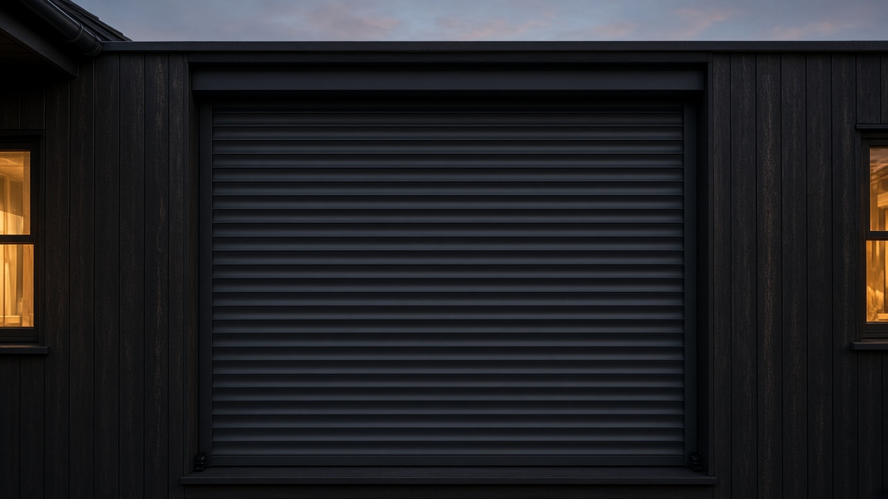 An anthracite roller shutter fully lowered on a dark timber-clad house, dusk, with warm lights on inside. Framed on one opening.
