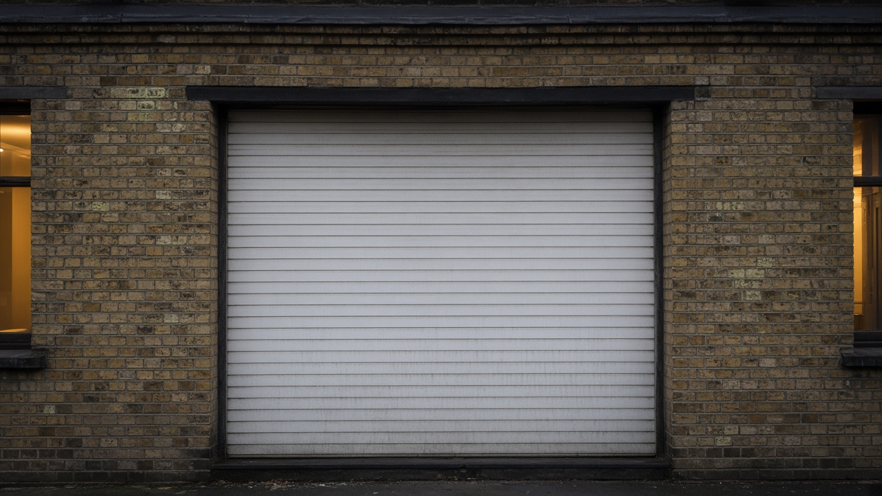 A white roller shutter fully lowered on a yellow London stock brick terrace, dusk, with warm lights on inside. Framed on one opening.