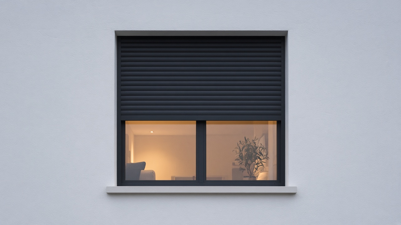 An anthracite roller shutter stopped halfway on a white rendered new-build, dusk, with warm lights on inside. Framed on one opening.