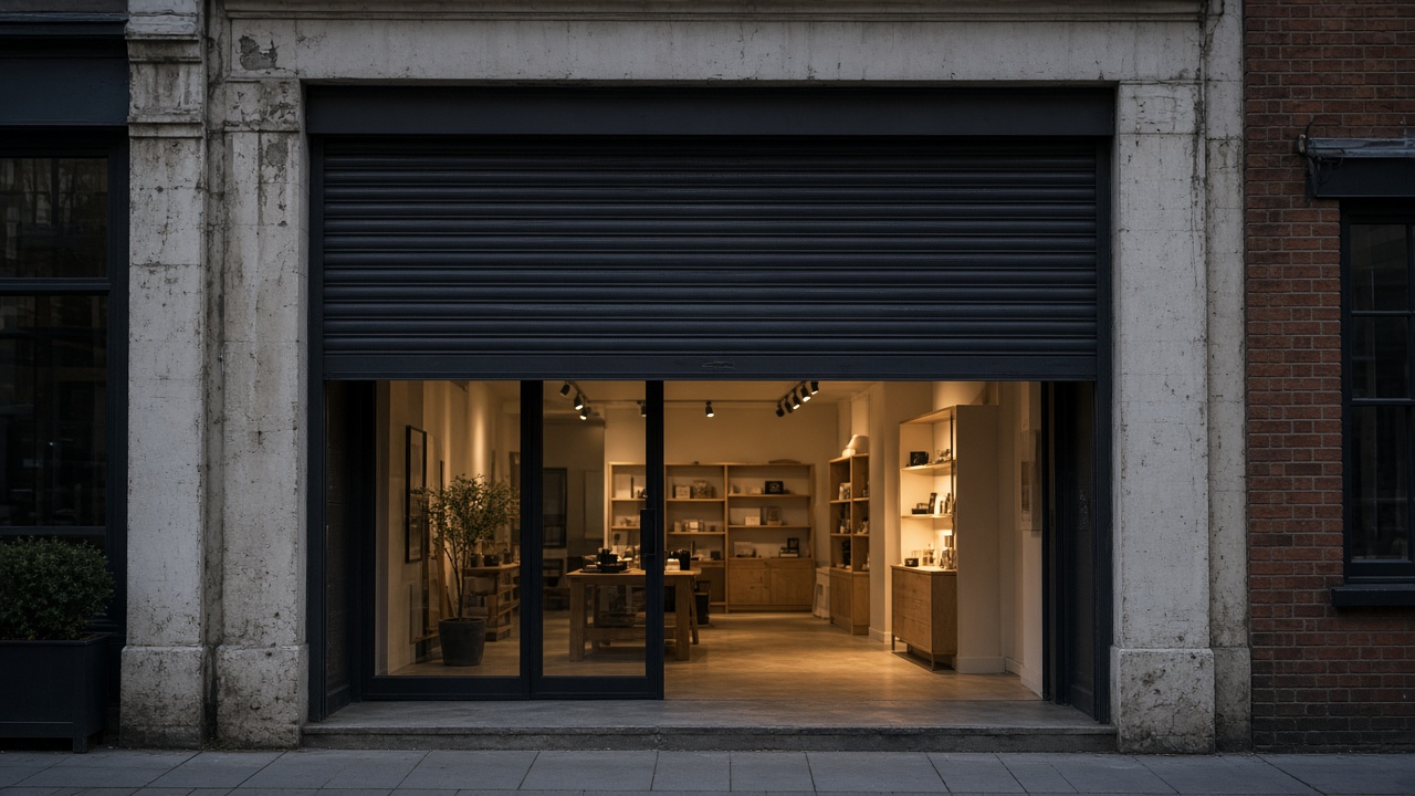 An anthracite roller shutter stopped halfway on a small high-street shopfront, dusk, with warm lights on inside. Framed on one opening.
