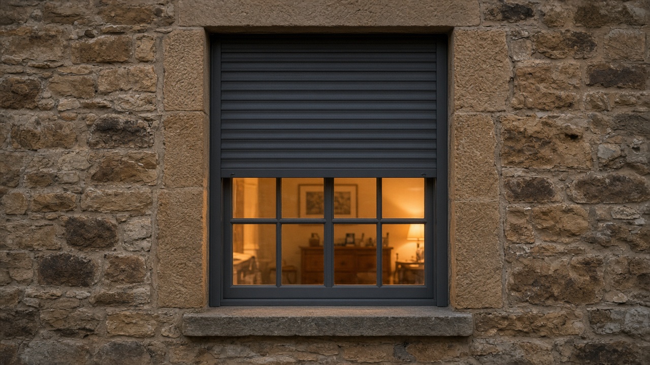 An anthracite roller shutter stopped halfway on a sandstone cottage, dusk, with warm lights on inside. Framed on one opening.