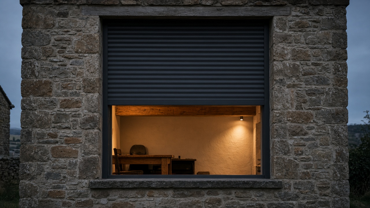 An anthracite roller shutter stopped halfway on a stone farmhouse, dusk, with warm lights on inside. Framed on one opening.