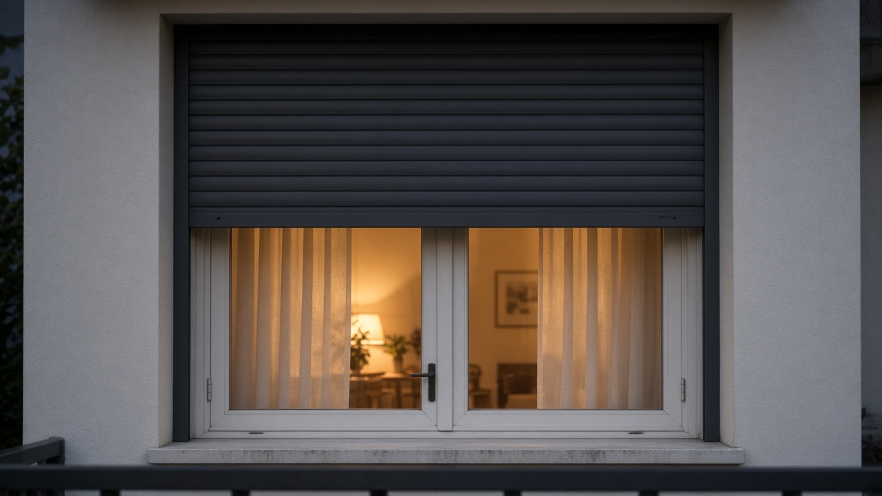 An anthracite roller shutter stopped halfway on a flat with a glazed balcony door, dusk, with warm lights on inside. Framed on one opening.