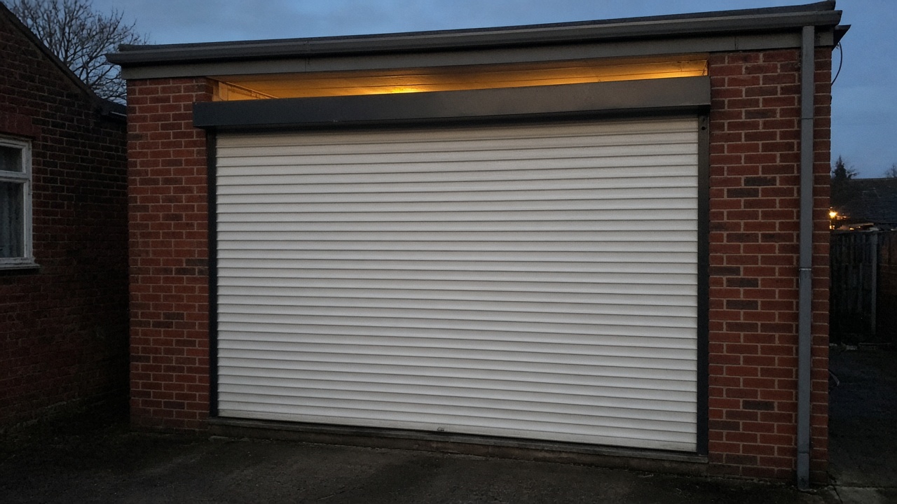 A white roller shutter fully lowered on a red-brick rear extension, dusk, with warm lights on inside. Framed on one opening.
