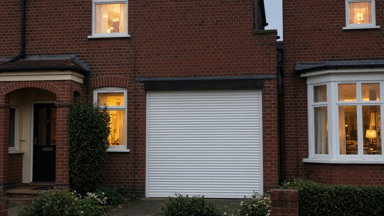 A white roller shutter fully lowered on a 1930s red-brick semi, dusk, with warm lights on inside. Framed on one opening.