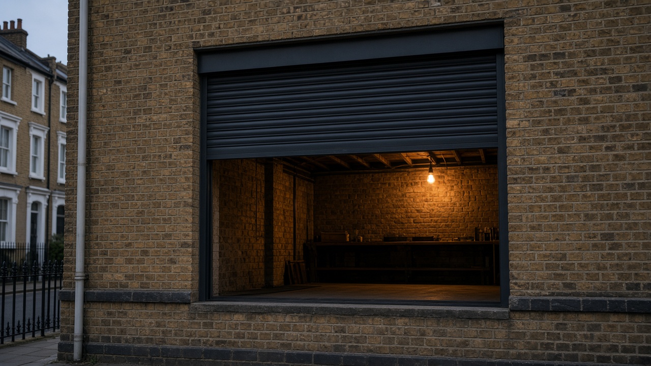 An anthracite roller shutter stopped halfway on a yellow London stock brick terrace, dusk, with warm lights on inside. Framed on one opening.