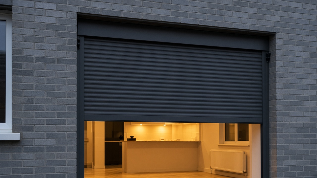 An anthracite roller shutter stopped halfway on a grey-brick semi, dusk, with warm lights on inside. Framed on one opening.