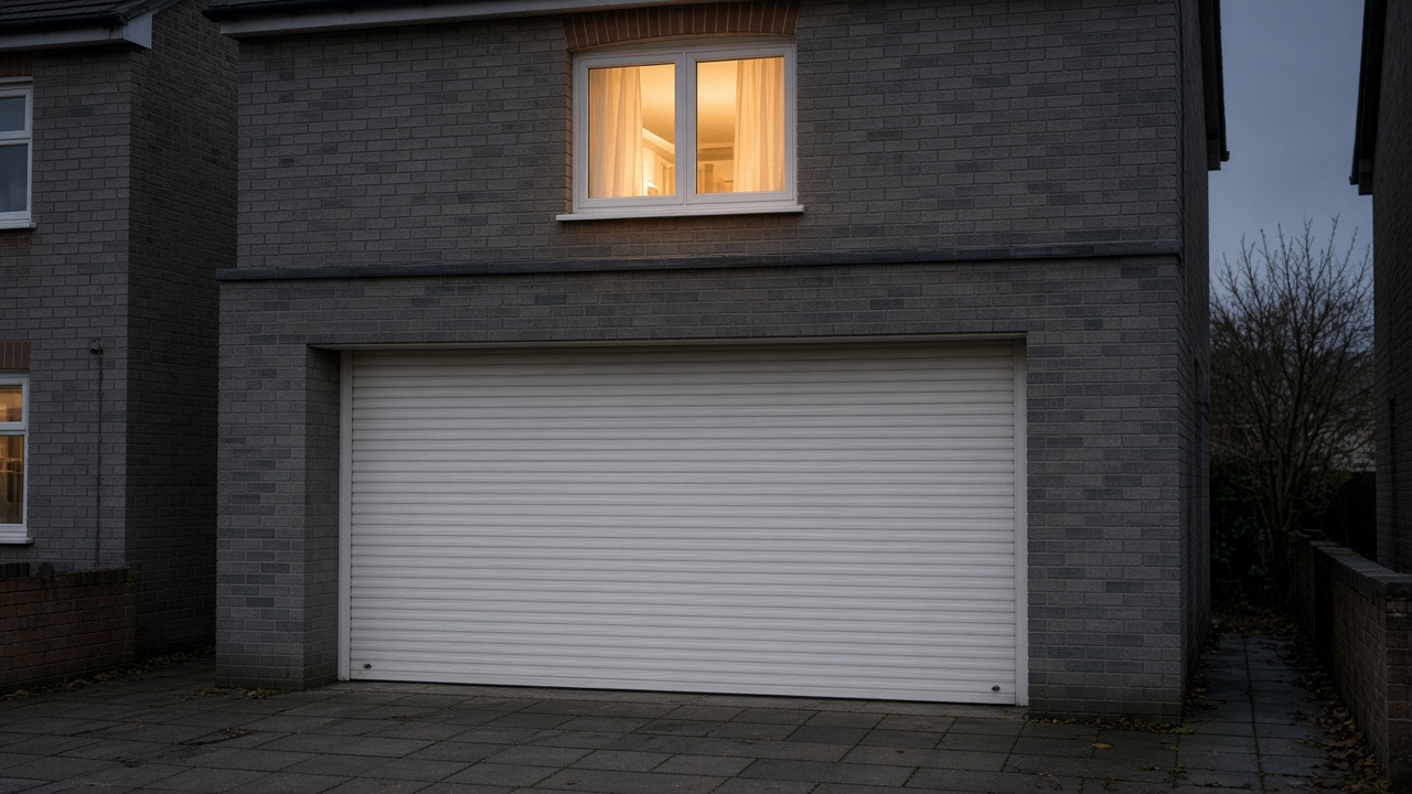 A white roller shutter fully lowered on a grey-brick semi, dusk, with warm lights on inside. Framed on one opening.