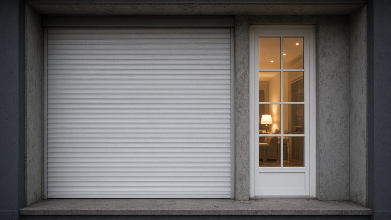 A white roller shutter fully lowered on a flat with a glazed balcony door, dusk, with warm lights on inside. Framed on one opening.