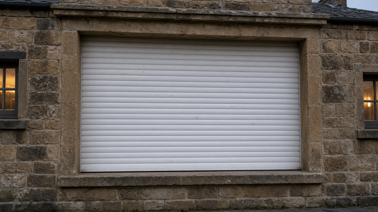 A white roller shutter fully lowered on a sandstone cottage, dusk, with warm lights on inside. Framed on one opening.