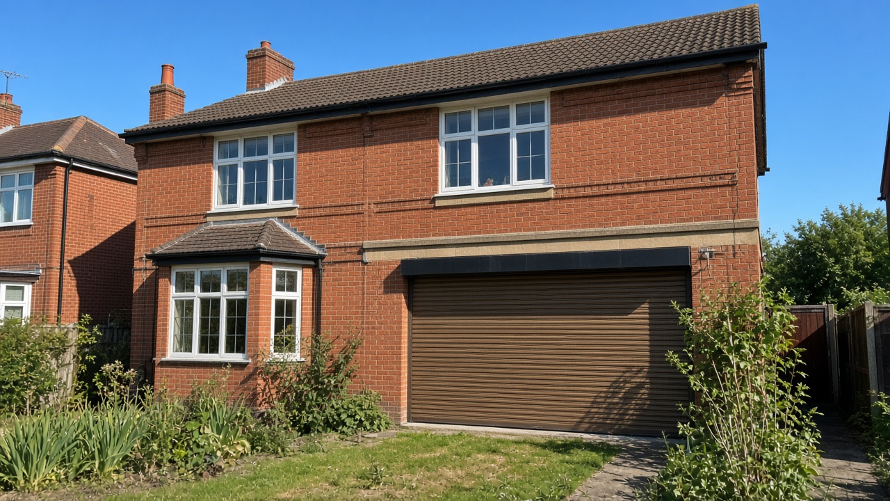 A bronze roller shutter nearly closed on a 1930s red-brick semi, hard summer sun and a clear sky. Wide view of the whole elevation.
