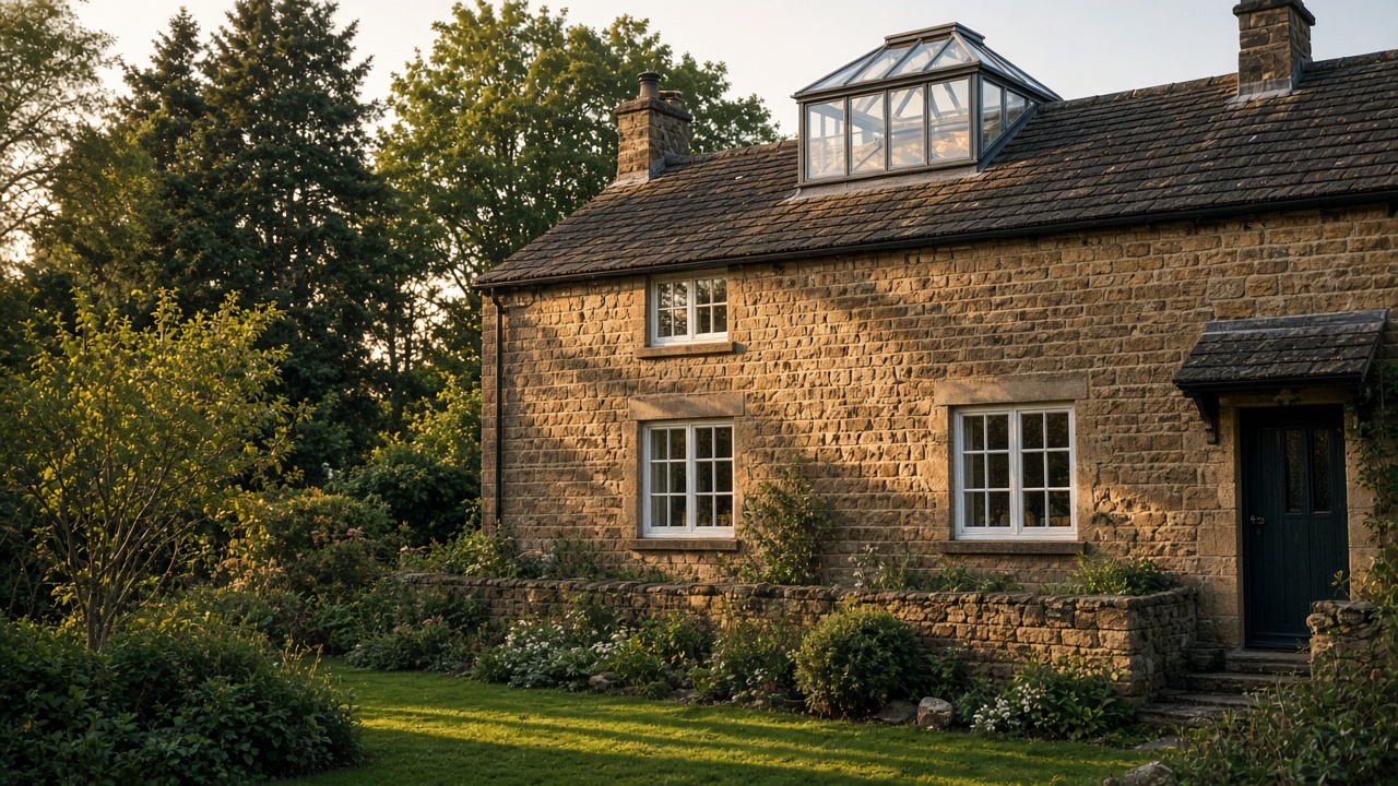 A glass roof lantern on a sandstone cottage, seen from the garden, with no roller shutter on the roof, late afternoon light and long shadows. Wide view of the whole elevation.