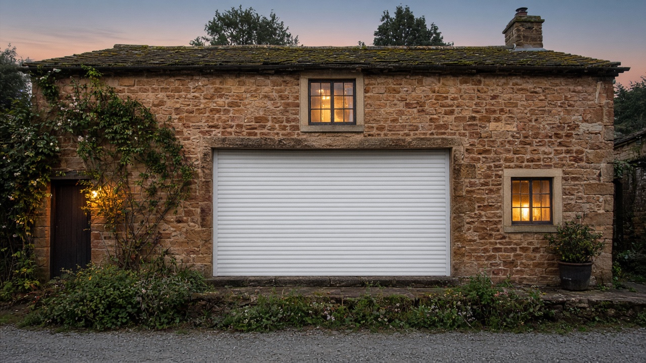 A white roller shutter fully lowered on a sandstone cottage, dusk, with warm lights on inside. Wide view of the whole elevation.