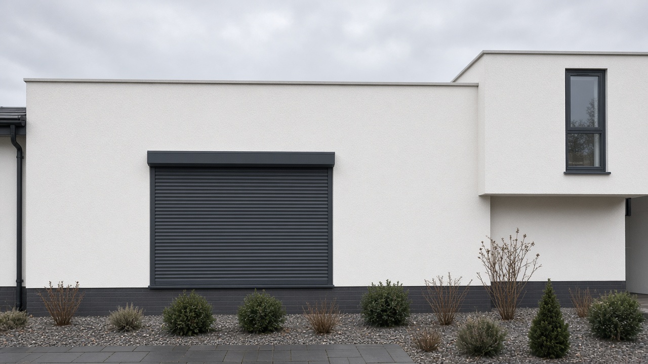 A fully closed anthracite security roller shutter over a ground-floor window on a white rendered new-build, a flat winter sky. Wide view of the whole elevation.