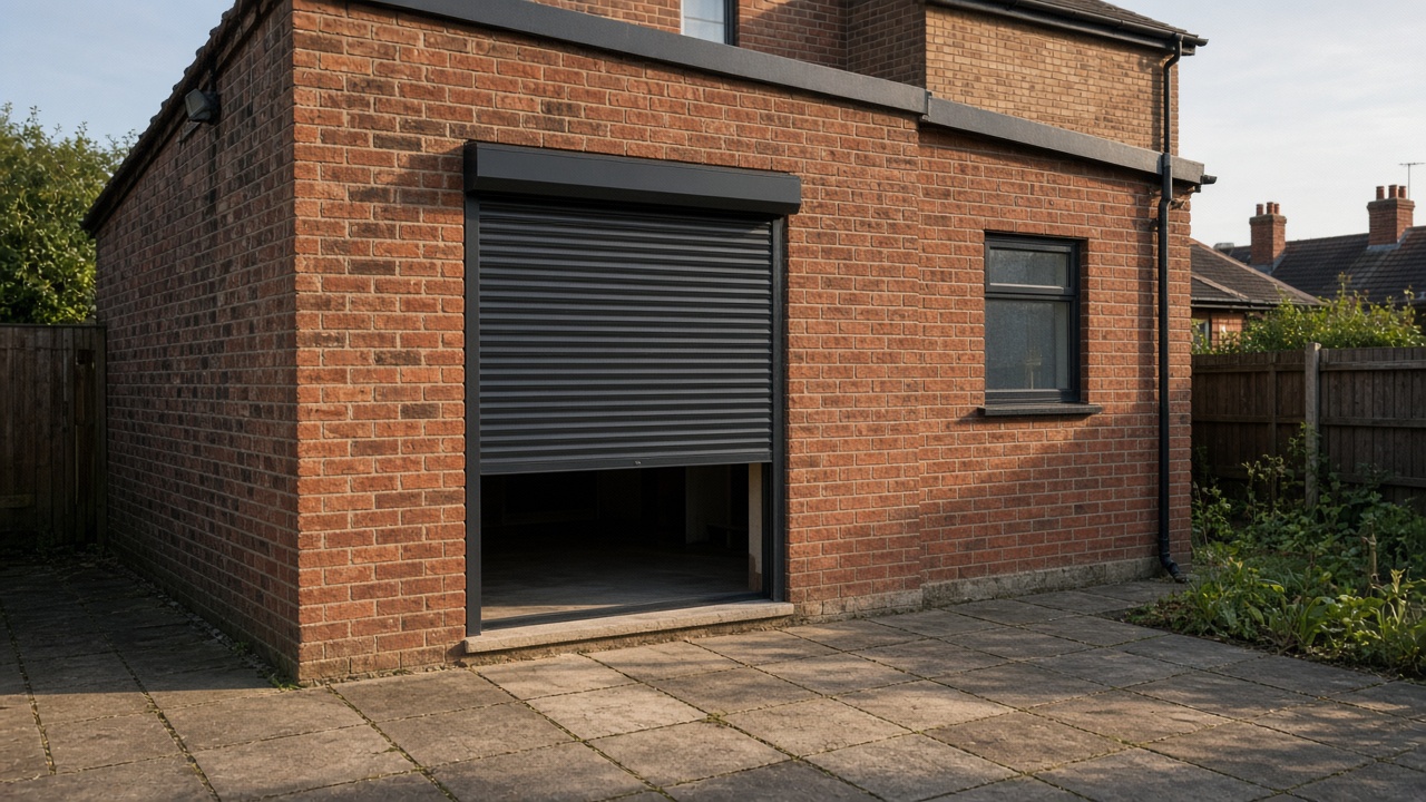 An anthracite roller shutter stopped halfway on a red-brick rear extension, late afternoon light and long shadows. Wide view of the whole elevation.