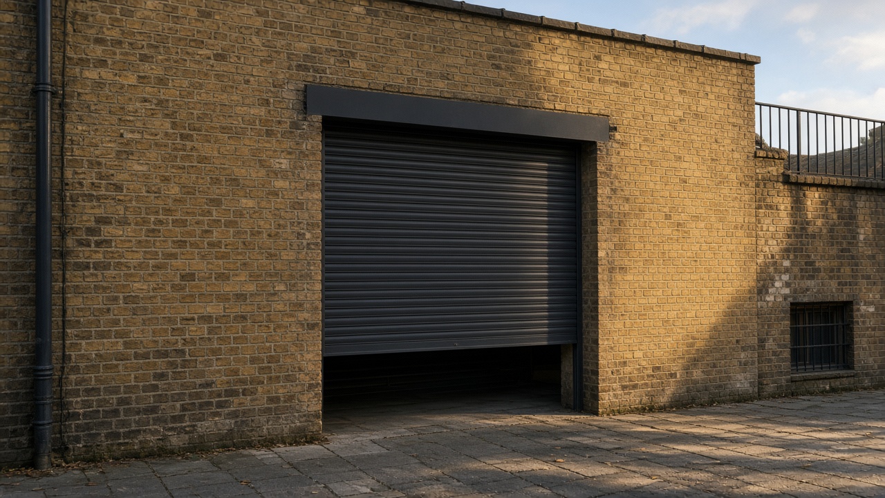 An anthracite roller shutter stopped halfway on a yellow London stock brick terrace, late afternoon light and long shadows. Wide view of the whole elevation.