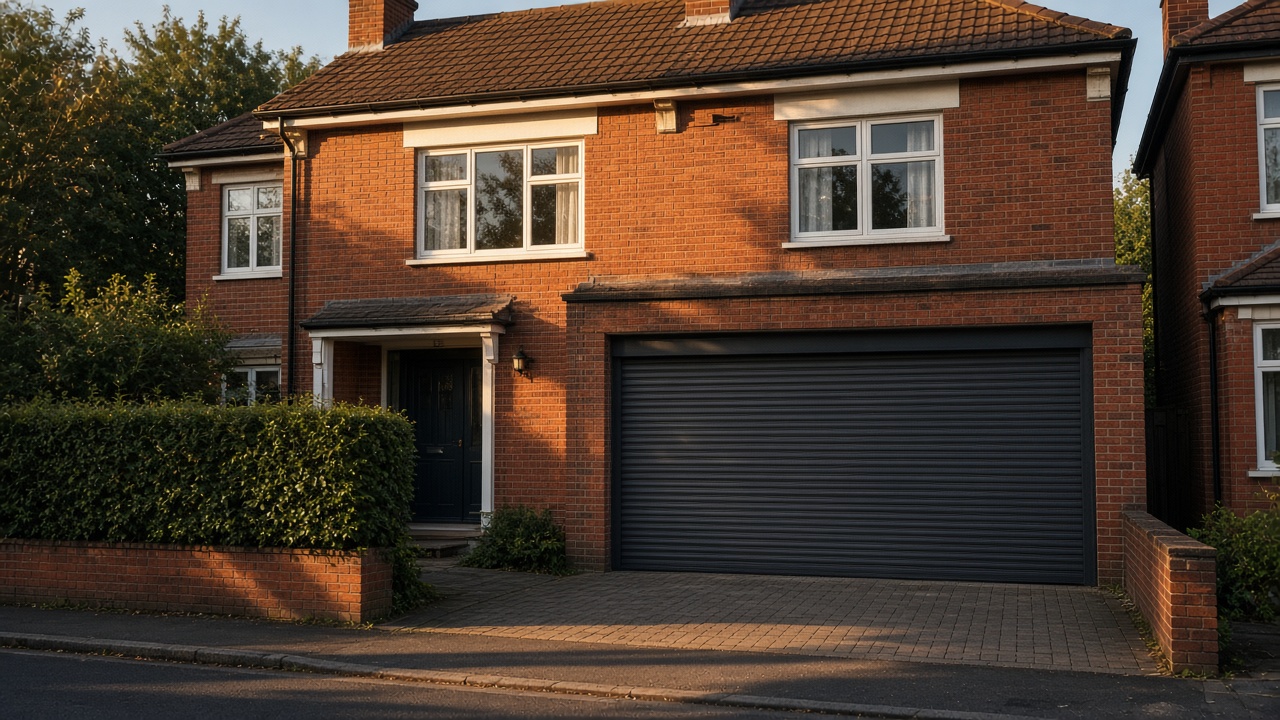 An anthracite roller shutter fully lowered on a 1930s red-brick semi, late afternoon light and long shadows. Wide view of the whole elevation.