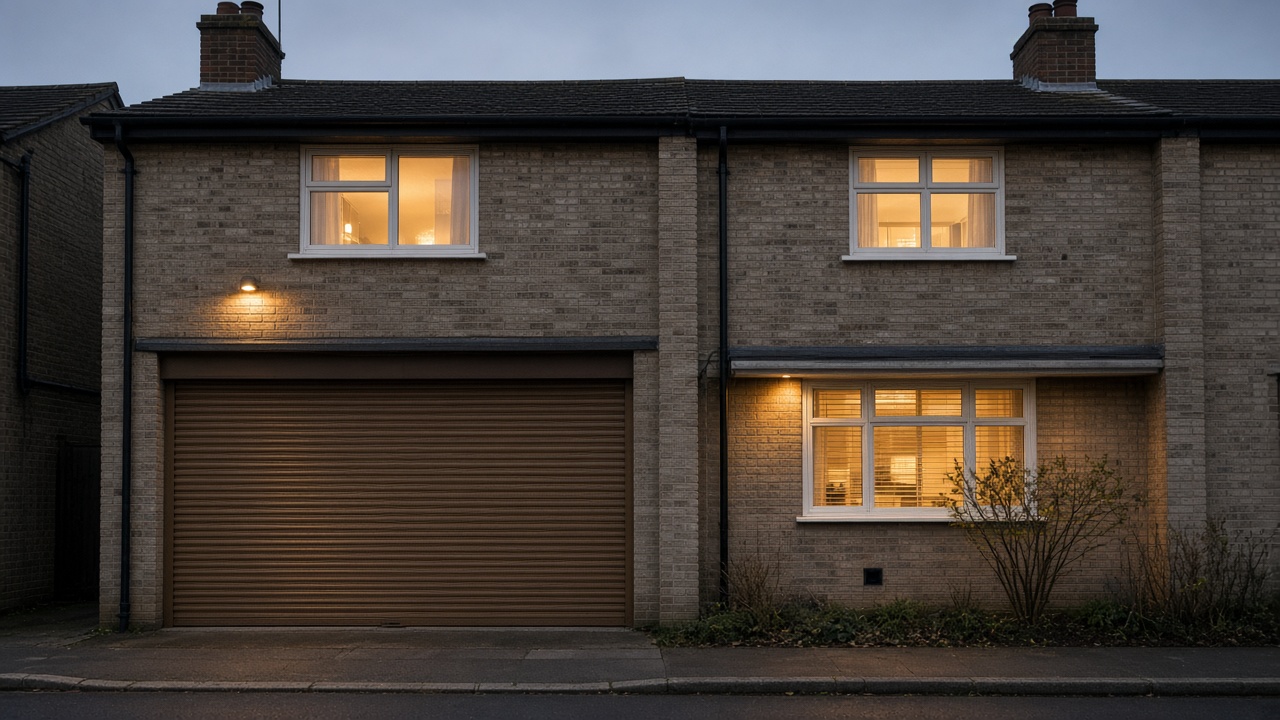 A bronze roller shutter nearly closed on a grey-brick semi, dusk, with warm lights on inside. Wide view of the whole elevation.