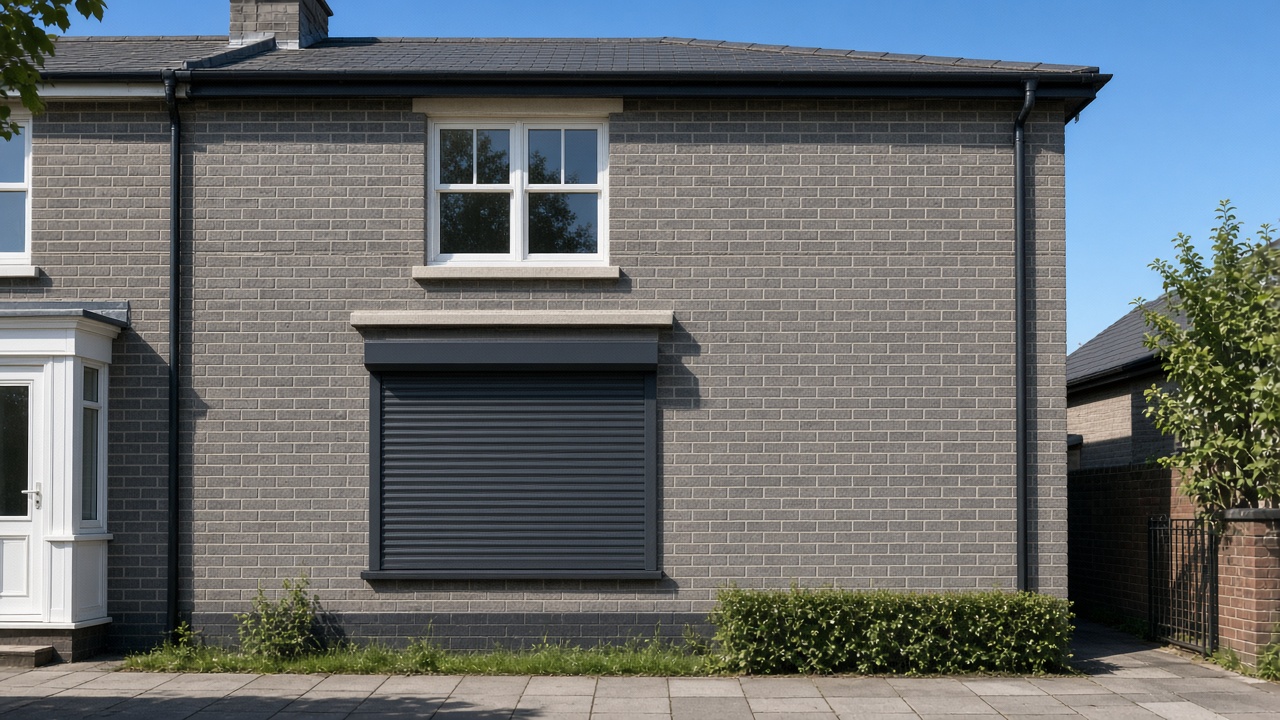 A fully closed anthracite security roller shutter over a ground-floor window on a grey-brick semi, hard summer sun and a clear sky. Wide view of the whole elevation.