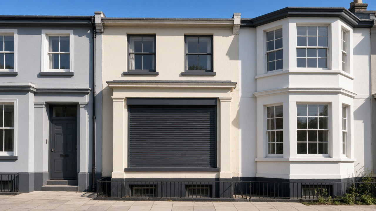 A fully closed anthracite security roller shutter over a ground-floor window on a painted townhouse with a bay, hard summer sun and a clear sky. Wide view of the whole elevation.