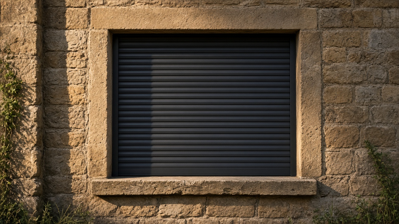 A fully closed anthracite security roller shutter over a ground-floor window on a sandstone cottage, late afternoon light and long shadows. Framed on one opening.
