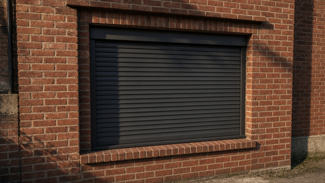 A fully closed anthracite security roller shutter over a ground-floor window on a red-brick rear extension, late afternoon light and long shadows. Framed on one opening.