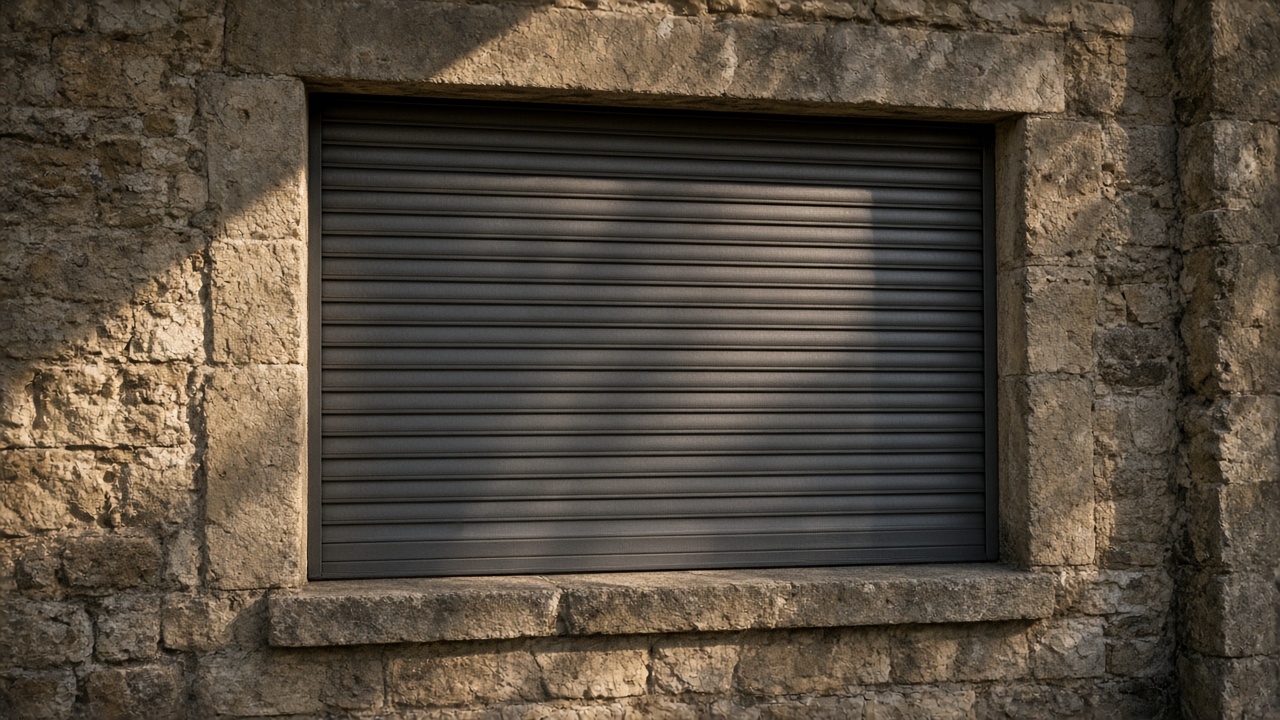 A fully closed anthracite security roller shutter over a ground-floor window on a stone farmhouse, late afternoon light and long shadows. Framed on one opening.