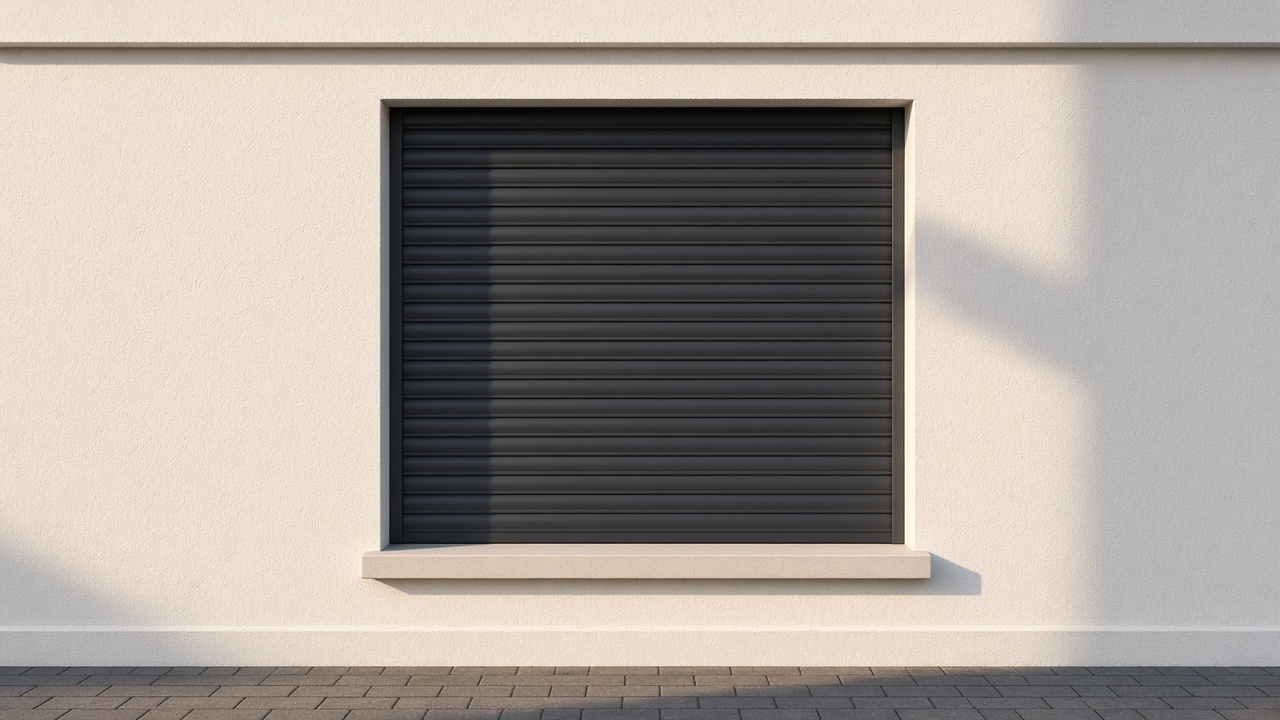 A fully closed anthracite security roller shutter over a ground-floor window on a white rendered new-build, late afternoon light and long shadows. Framed on one opening.