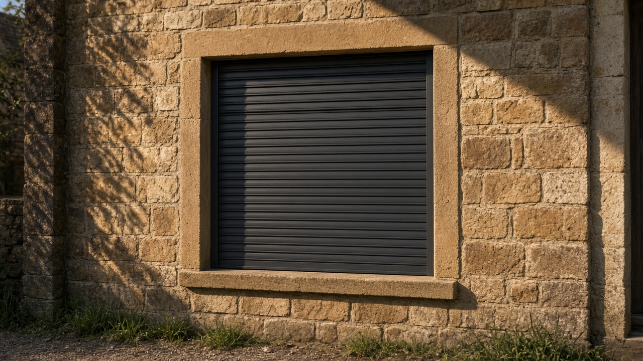 A fully closed anthracite security roller shutter over a ground-floor window on a sandstone cottage, late afternoon light and long shadows. Framed on one opening.