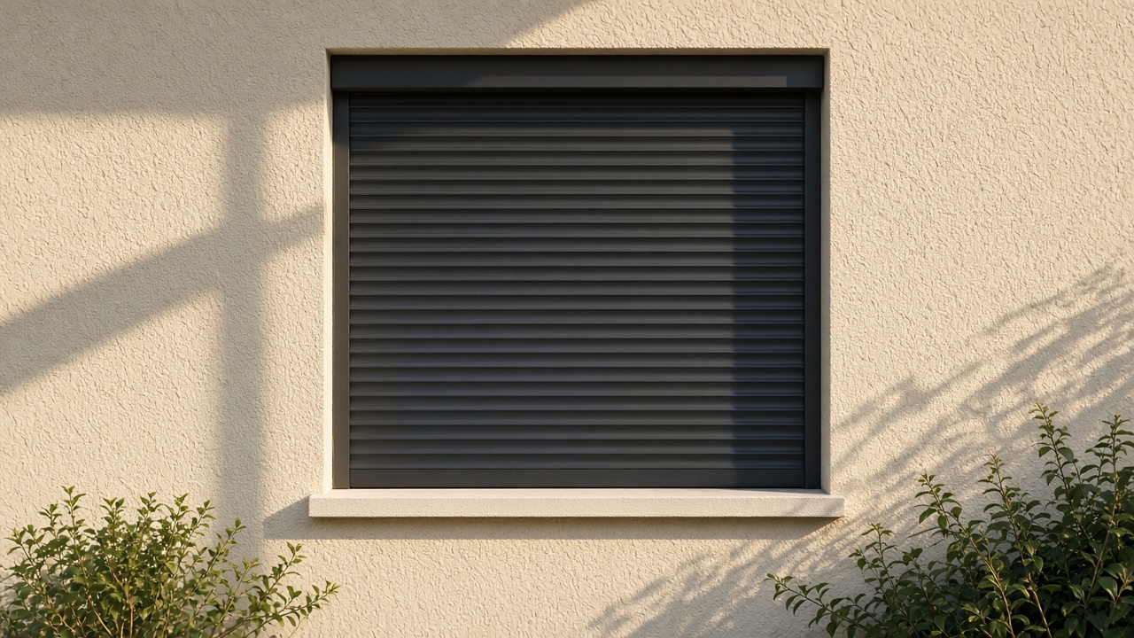 A fully closed anthracite security roller shutter over a ground-floor window on a cream bungalow, late afternoon light and long shadows. Framed on one opening.