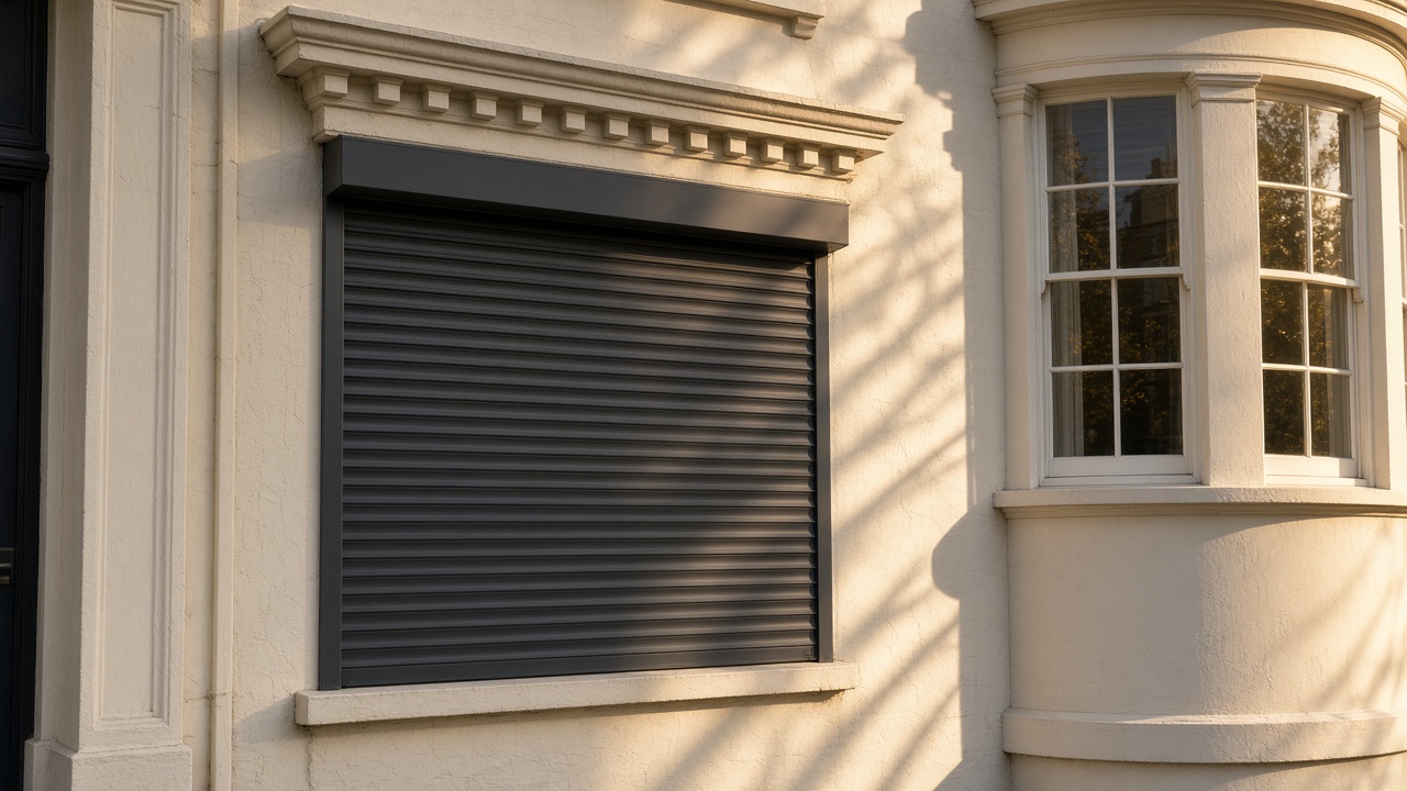 A fully closed anthracite security roller shutter over a ground-floor window on a painted townhouse with a bay, late afternoon light and long shadows. Framed on one opening.