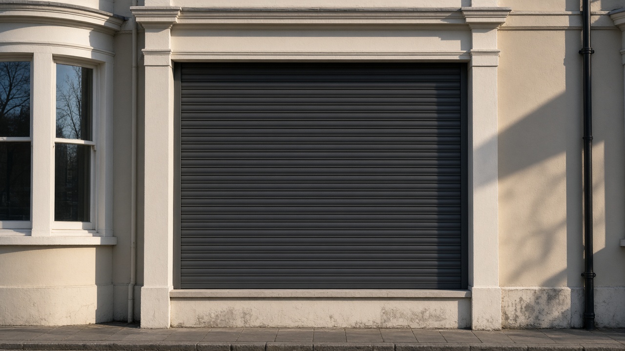 A fully closed anthracite security roller shutter over a ground-floor window on a painted townhouse with a bay, late afternoon light and long shadows. Framed on one opening.