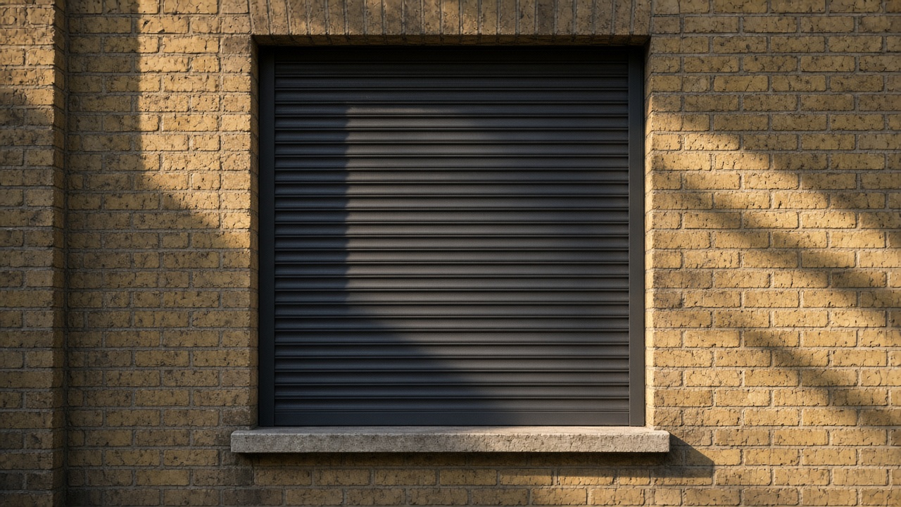 A fully closed anthracite security roller shutter over a ground-floor window on a yellow London stock brick terrace, late afternoon light and long shadows. Framed on one opening.