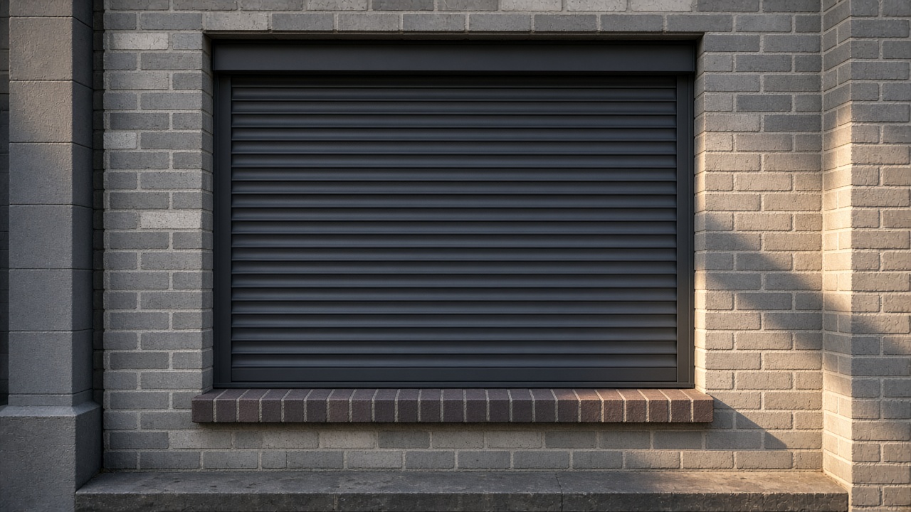 A fully closed anthracite security roller shutter over a ground-floor window on a grey-brick semi, late afternoon light and long shadows. Framed on one opening.