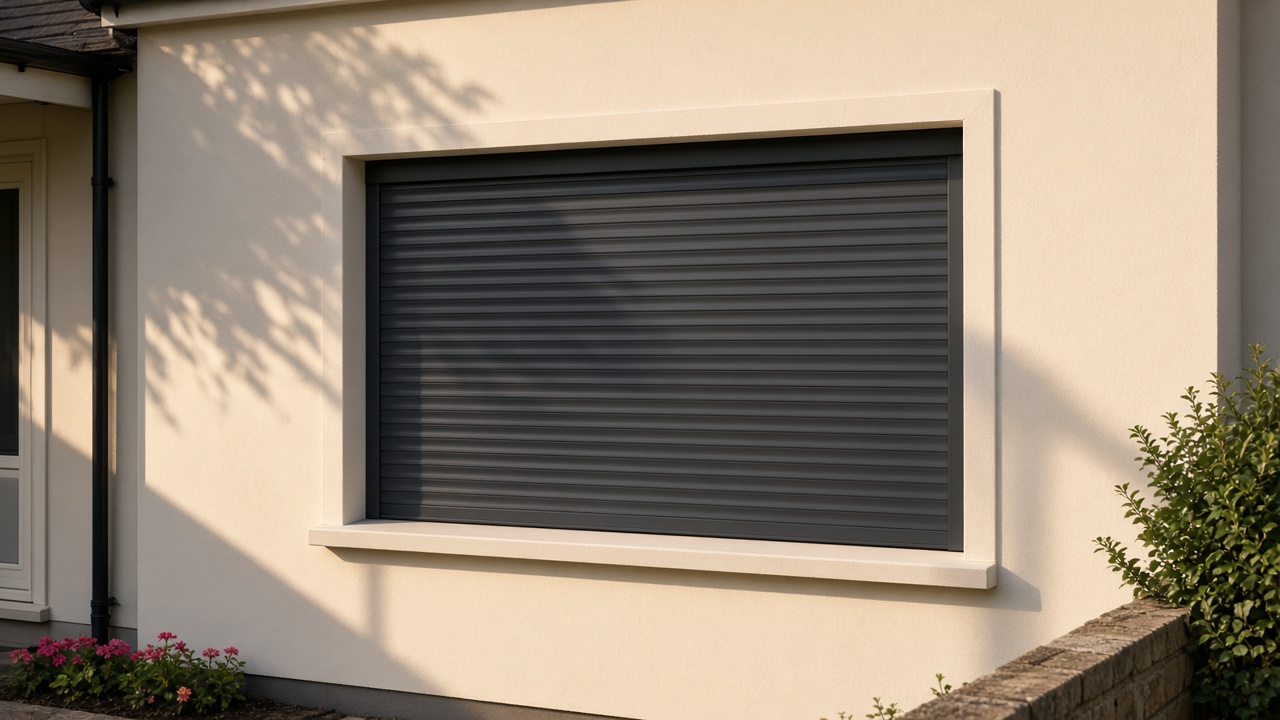 A fully closed anthracite security roller shutter over a ground-floor window on a cream bungalow, late afternoon light and long shadows. Framed on one opening.
