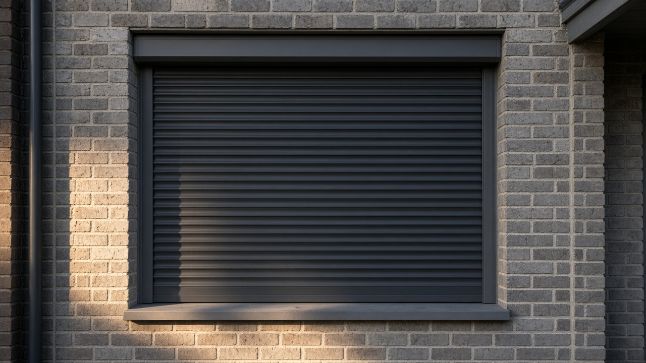A fully closed anthracite security roller shutter over a ground-floor window on a grey-brick semi, late afternoon light and long shadows. Framed on one opening.