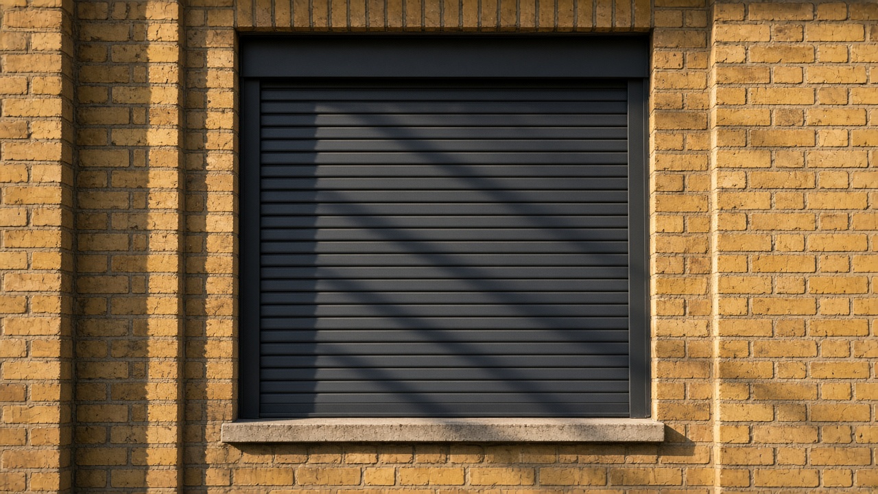 A fully closed anthracite security roller shutter over a ground-floor window on a yellow London stock brick terrace, late afternoon light and long shadows. Framed on one opening.