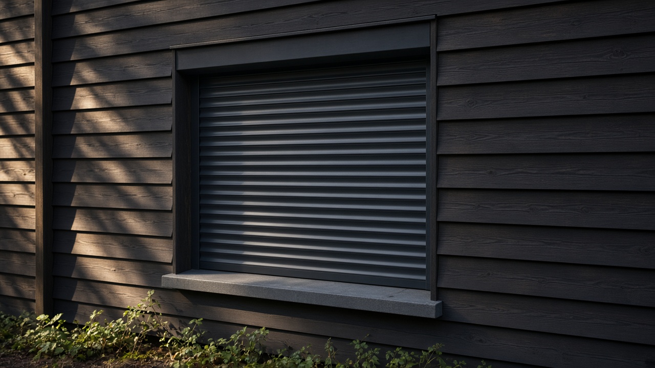 A fully closed anthracite security roller shutter over a ground-floor window on a dark timber-clad house, late afternoon light and long shadows. Framed on one opening.