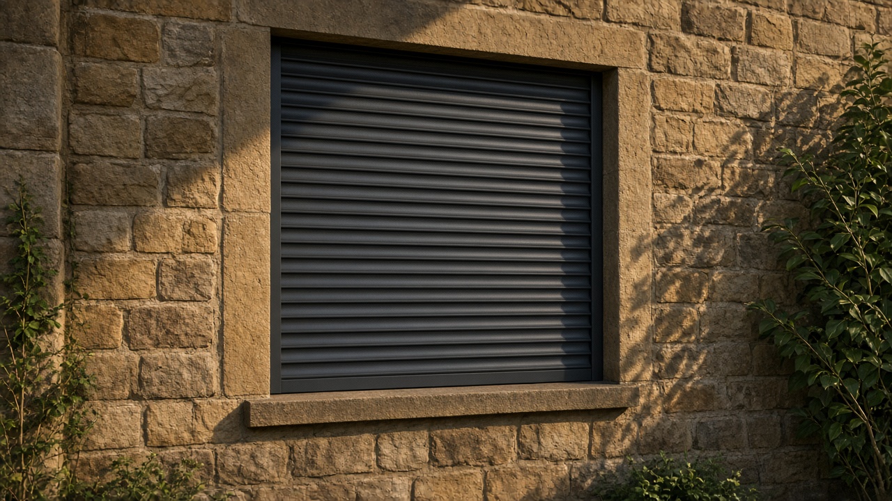 A fully closed anthracite security roller shutter over a ground-floor window on a sandstone cottage, late afternoon light and long shadows. Framed on one opening.