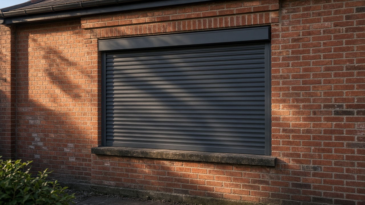 A fully closed anthracite security roller shutter over a ground-floor window on a red-brick rear extension, late afternoon light and long shadows. Framed on one opening.