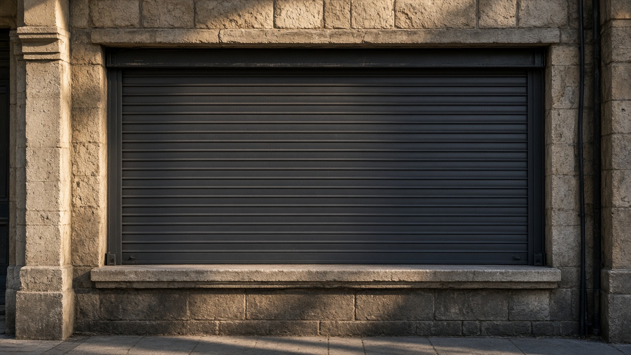 A fully closed anthracite security roller shutter over a ground-floor window on a small high-street shopfront, late afternoon light and long shadows. Framed on one opening.