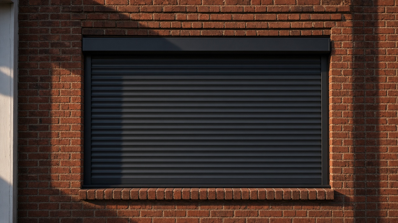 A fully closed anthracite security roller shutter over a ground-floor window on a red-brick rear extension, late afternoon light and long shadows. Framed on one opening.