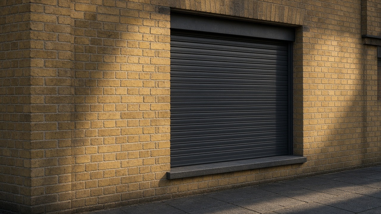 A fully closed anthracite security roller shutter over a ground-floor window on a yellow London stock brick terrace, late afternoon light and long shadows. Framed on one opening.